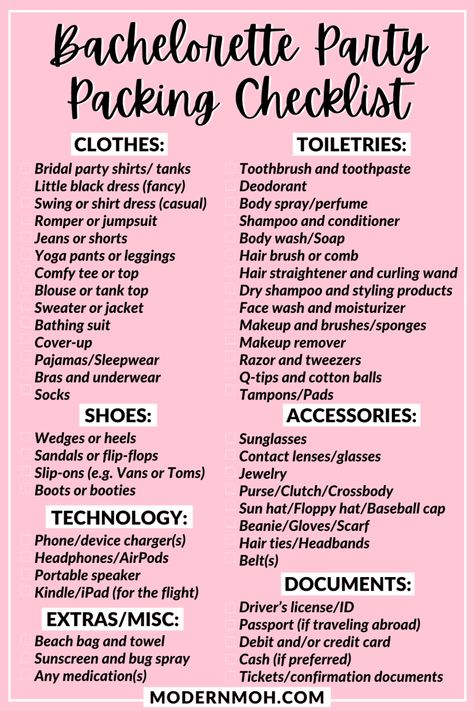 What exactly should you bring to a bachelorette party? Check everything off this foolproof list to guarantee you have everything you need and more! #bachelorettepartypackinglist #whattobringtoabacheloretteparty #ModernMaidofHonor #ModernMOH Bach Party Checklist, Bridesmaid List To Bring, Maid Of Honor Packing List, Bachelorette Packing List The Bride, Bachelorette Party Decorations Diy, Bachelorette Party Ideas Games, 2024 Bachelorette, Bachelorette Party Diy, Bachelorette Party Checklist