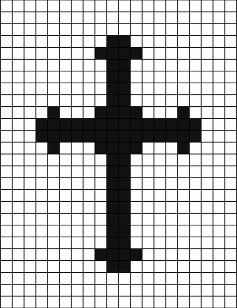 A pixel art template of the religious cross (silhouette and fancy, with extra details) from the Christian community. Emo Pixel Art, Pixel Art Black And White, Black And White Pixel Art, Pixel Star, Graph Paper Drawings, Graph Crochet, Easy Pixel Art, Pixel Art Templates, Pixel Drawing