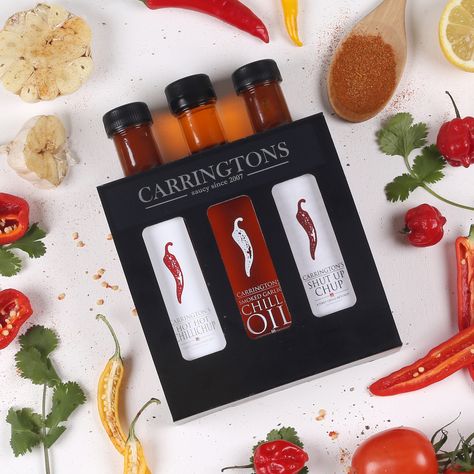 Carringtons Hot hot Chillichup, smoked garlic Chilli oil and shut up chup gift box Chili Packaging, Chili Oil Packaging, Sambal Packaging, Chili Paste Packaging, Chilli Oil Packaging, Cocktails Packaging, Chili Sauce Packaging, Chilli Sauce Packaging, Garlic Chilli Oil