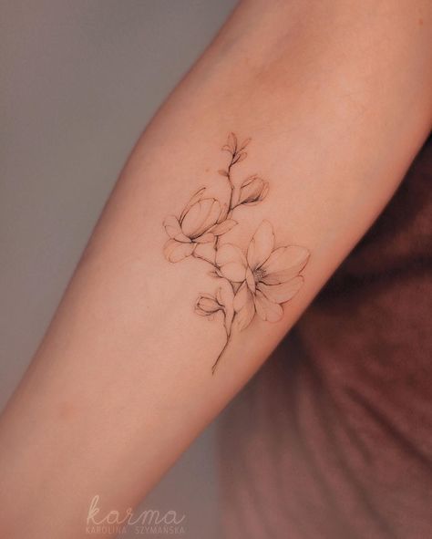 Fine Line Magnolia Tattoo, One Flower Tattoo, Magnolia Branch Tattoo, Dogwood Tattoo, Mandala Wrist Tattoo, Pretty Flower Tattoos, Magnolia Tattoo, Cuff Tattoo, Tiny Wrist Tattoos