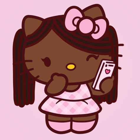 Hello Kitty Black Pfp, Black Hello Kitty With Glasses, Hello Kitty With Locs, Brown Skin Hello Kitty, Dark Skin Hello Kitty, Black My Melody, Black Hello Kitty Pfp, Afro Kitty, Brown Hello Kitty