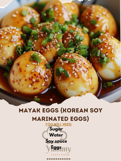 🥚 "Mayak Eggs (Korean Soy Marinated Eggs)—flavorful, savory eggs marinated in a rich soy sauce blend. Perfectly addictive! 🥚🇰🇷 #KoreanCuisine #SoyMarinatedEggs" Mayak Eggs (Korean Soy Marinated Eggs) Ingredients: Eggs (6) Soy sauce (1/2 cup) Water (1/2 cup) Sugar (2 tbsp) Garlic (3 cloves, minced) Ginger (1 inch, minced) Green onions (2 tbsp, chopped) Sesame seeds (1 tbsp) Instructions: Boil eggs for 7 minutes, then cool and peel. Mix soy sauce, water, sugar, garlic, and ginger in a bowl.... Eggs Marinated, Mayak Eggs, Marinated Eggs, Boil Eggs, Perfect Dinner Party, Garlic And Ginger, French Toast Recipe, 7 Minutes, Morning Food