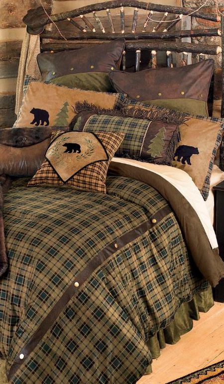 Alpine Bear Bedding Log Cabin Bedding, Cabin Bedding Sets, Rustic Cabin Interior, Cabin Bedding, Bear Bedding, Lodge Bedroom, Rustic Bedding Sets, Lodge Bedding, Plaid Comforter