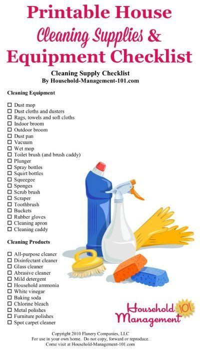 Free printable house cleaning supplies and equipment checklist, so you know exactly what types of cleaning products and tools to stock in your home {courtesy of Household Management 101} #CleaningSupplies #CleaningProducts #CleaningEquipment Cleaning Supplies List Products, House Cleaners Professional, Cleaning Supplies Must Have, Cleaning Equipment List, House Cleaning Products Checklist, What Cleaning Products Do I Need, Home Supplies List, Deep Cleaning Supplies List, Cleaning Business Supply List