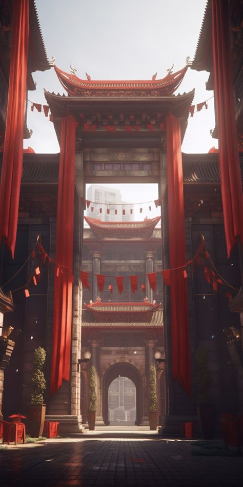 Neo Chinese Style Architecture, Japanese City Concept Art, Asian Fantasy City, Japanese Palace, Red District, Scifi Environment, Arched Doorways, Chinese Light, City Rain