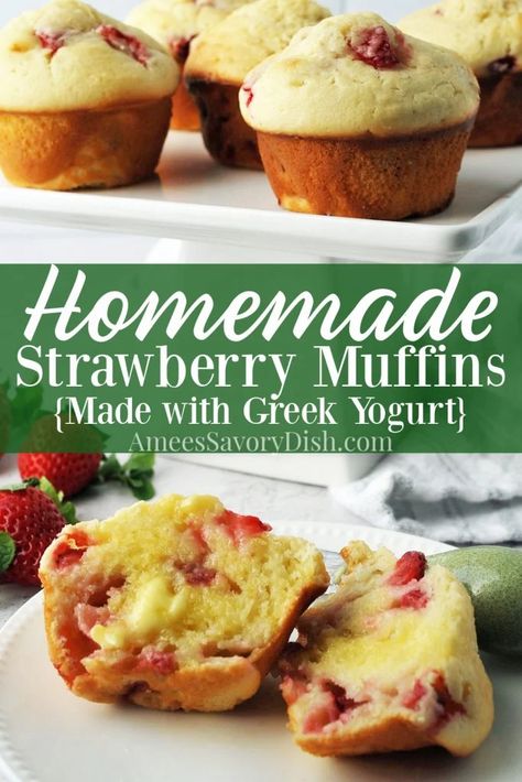 Homemade Strawberry Muffins, Strawberry Muffin Recipe, Strawberry Yogurt Muffins, Strawberry Muffins Healthy, Strawberry Greek Yogurt, Strawberry Muffin, Strawberry Muffin Recipes, Greek Yogurt Muffins, Muffin Flavors