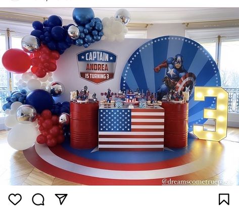 Captain America Balloon Decoration, Captain America Themed Birthday Party, Captain America Birthday Decorations, Captain America Party Decorations, America Decorations, Captain America Decorations, Avengers Birthday Party Decorations, Captain America Birthday Party, Captain America Party