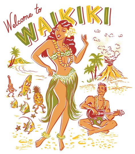 Welcome To Waikiki, Custom Paper Dolls, Transport Illustration, Scifi Illustration, Vehicle Illustration, Tiki Bars, Tiki Bar Decor, Tiki Lounge, Tiki Art