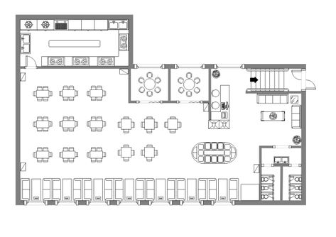 A free customizable canteen design layout template is provided to download and print. Quickly get a head-start when creating your own canteen design layout. You don't need to be professional in design, Edraw floor plan software does everything for you. Cafeteria Plan, Cafe Floor Plan, Canteen Design, Cafe Plan, Design De Configuration, Restaurant Floor Plan, Cafeteria Design, Restaurant Layout, Restaurant Plan