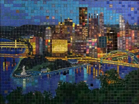 Terry Broderick - Pittsburgh Cityscape Iridescent Tile, Paris Opera House, Baroque Frames, Concrete Sculpture, Mosaic Murals, Floral Mosaic, City Scape, Mosaic Projects, Painted Ceiling