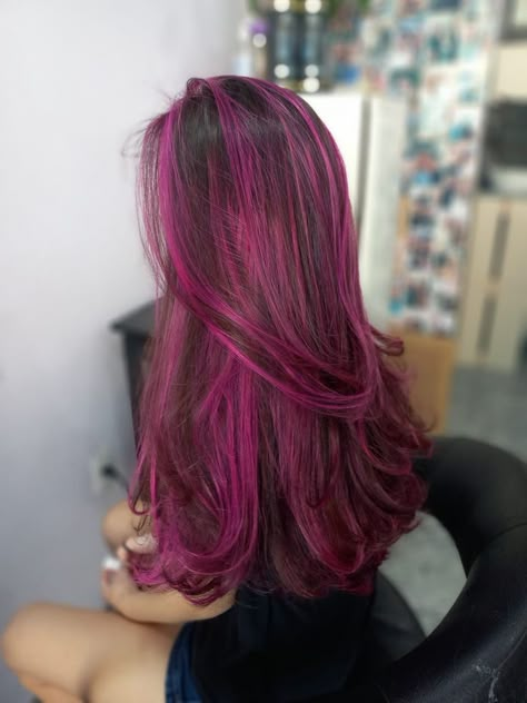 Hot Pink Streaks In Brown Hair, Pink And Purple Highlights In Brown Hair, Dark Brown Hair Pink Highlights, Dark Hair Pink Highlights, Magenta Highlights On Dark Hair, Dark Brown And Pink Hair, Dark Brown Hair With Pink Highlights, Hot Pink Highlights In Brown Hair, Purple Highlights Hair