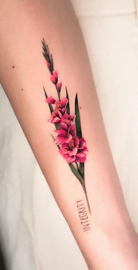 Gladiolus Butterfly Tattoo, August Flower Tattoo Gladioli, Gladolias Tattoo, Colourful Flower Tattoos For Women, Red Gladiolus Tattoo, Neo Traditional Gladiolus Tattoo, Bouquet Sleeve Tattoo, Gladioli Flower Tattoo, Pink Gladiolus Tattoo