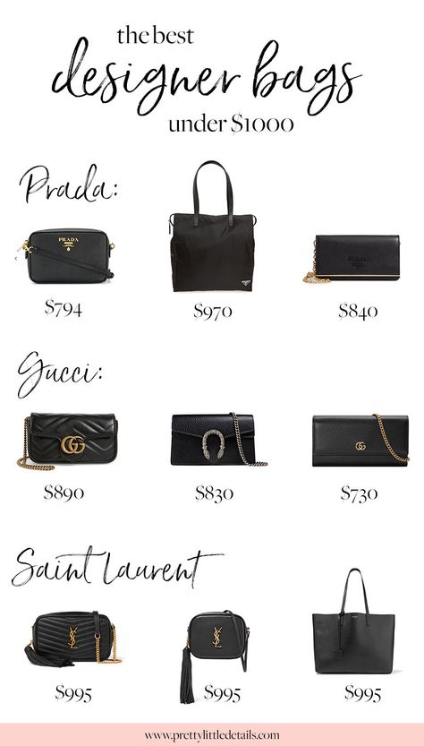 The best designer bags under $1000. Gorgeous and affordable bags from Prada, Gucci and Saint Laurent. Affordable Bags, Luxury Bags Collection, Best Designer Bags, Designer Totes, Luxury Purses, Classic Handbags, Classic Bags, Prada Handbags, Purses Designer