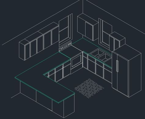 Isometric Kitchen in AutoCAD by Ashley Hull, via Behance L Shaped Kitchen With Peninsula, Kitchen With Seating, Isometric Kitchen, L Shape Kitchen Design, Kitchen With Peninsula, 3d Kitchen Design, Kitchen Drawing, Interior Design Student, Isometric Drawing