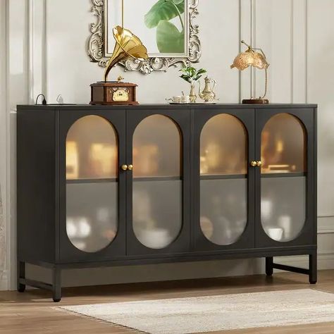 46.85'' W Sideboard Buffet with USB Port, Modern Black Storage Bar Cabinet with LED Light - On Sale - Bed Bath & Beyond - 40742728 Modern Farmhouse Sideboard, Buffet Cabinets, Sideboard Gold, Entryway Storage Cabinet, Farmhouse Sideboard Buffet, Media Console Table, Farmhouse Sideboard, Bed With Led Lights, Black Storage