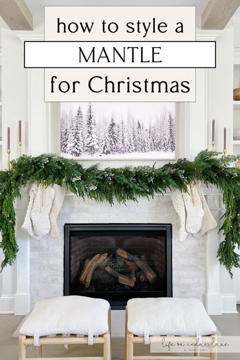 Discover creative ways to Style Your Mantle With Christmas Decor and make your Home Decor shine this holiday season. From layered garlands to elegant candle arrangements, these ideas will inspire you to enhance your Room Decor with festive charm. Perfect for creating a warm and inviting atmosphere. How To Style A Mantle, Styling A Mantle, Garland On Mantle, Life On Cedar Lane, Decor Stand, Creative Styling, Decorating For Christmas, Neutral Christmas Decor, Elegant Candles