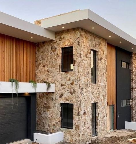 Stone Exteriors on Instagram: "Another stunning build by @invision_homesnsw @project.sai we love the design of the facade of this contemporary home incorporating timber, stone, render and recycled bricks. Another beautiful install using Meraki free form stone walling The natural sandstone tones of this stone create the perfect feature wall. Great install team. #stoneexteriors #stoneinstallations #freeformwalling #stone #stones #stonewall #stonewalls #naturalstone #naturalstones #naturalstonedesi Stone And Wood Facade, Stone And Brick House Exterior, Natural Stone Cladding, Concrete Exterior, Facade Ideas, Sandstone Wall, Wood Facade, Recycled Brick, Dry Stone Wall