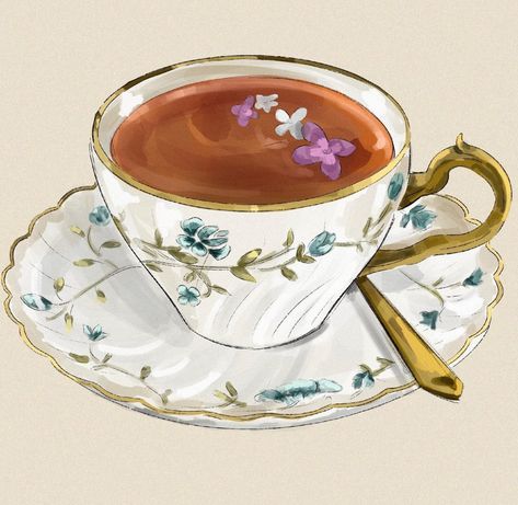 Coffee Cup Drawing Aesthetic, Vintage Tea Cup Drawing, Tea Mug Drawing, Cup And Saucer Drawing, Cup Of Tea Drawing, Tea Cup Photography, Tea Cup Aesthetic, Teacup Illustration, Genshin Food