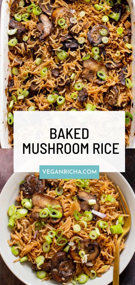 This Vegan Baked Mushroom Rice comes together quickly and easily in one casserole dish and is baked in the oven to fluffy, flavorful perfection. It will become a family favorite in no time. Baked Mushroom Rice, Freezing Cooked Rice, Mushroom And Rice, Rice Bake Recipes, Cheesy Rice, Vegan Casserole, Baked Mushrooms, Vegan Worcestershire Sauce, Mushroom Rice