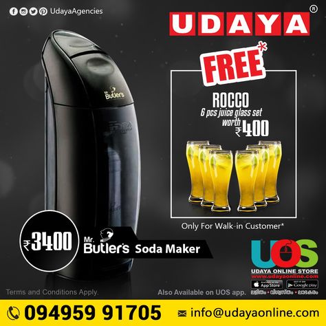 Mr Butler's Soda Maker!🤩✨ with a FREE ROCCO 6pcs juice glass set worth Rs 400/-🥳🥳🥳✨ PS: Only for Walk-In Customers  #sodamaker #freeglassset #freeoffer #butlers #soda #maker #udaya #udayaagencies #forwalkincustomers #customerfriendly #showroom #appliances #homeshopping #shopping Juice Glass Set, Soda Maker, Juice Glass, Free Offer, Glass Set, Walk In, Showroom, Juice, Conditioner