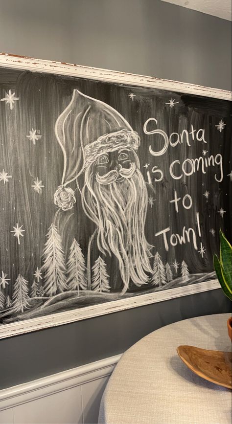 Santa Claus Chalkboard Art, Santa Chalkboard Art, Chalkboard Border, Chalkboard Art Ideas, Chalkboard Art Diy, Santa Claus Drawing, Christmas Chalkboard Art, Window Paint, Chalkboard Calendar