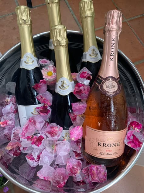 Wine Bucket Flower Ice, Flowers Ice Cubes, Champagne Birthday Ideas For Women, Flower In Ice Cubes, Flower Ice Cubes Champagne, Champagne And Charcuterie Party, Champagne Brunch Aesthetic, Champagne Party Aesthetic, Champagne Birthday Party Theme