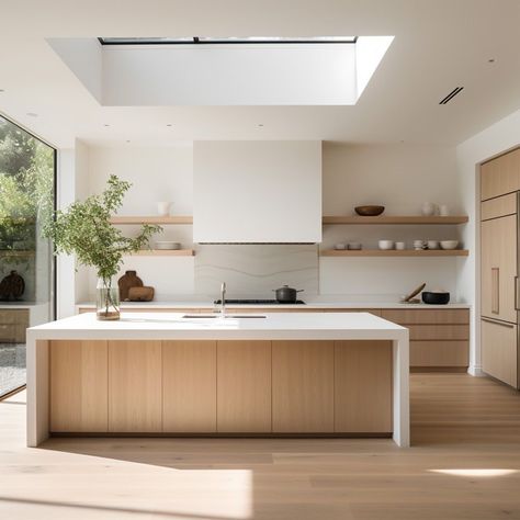 Modern Airy Kitchen, Modern Kitchen Japandi, Kitchen White Wood Modern, Kitchen Interior White And Wood, Natural Look Kitchen, Neutral Kitchen Ideas Modern, Modern Ranch Design Interior, Open Minimalist Kitchen, Simple Scandinavian Kitchen