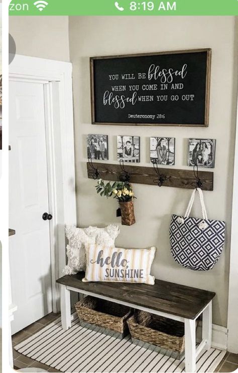 Farmhouse Wall Pictures, Hallway Bench Ideas Entryway Farmhouse, Rental Front Porch Decorating, Dining And Living Room Wall Decor, Bedroom Ottoman Decor Ideas, Large Mirror In Small Living Room, Family Picture Wall Simple, Living Room Themes Cozy, Sitting Area In Entryway