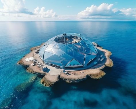 drone footage on the open ocean, gentle waves. a free-floating artificial island with multi-floor living area inside the concrete frame of a geodesic dome, partly cloudy, broken sunshine --ar 5:4 Artificial Island, Floor Living, Partly Cloudy, Drone Footage, Open Ocean, Geodesic Dome, Living Area, Floating, Frame