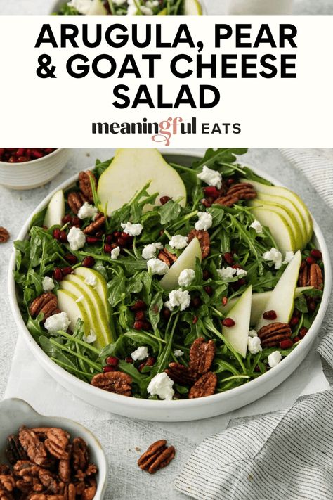 This arugula, pear, and Goat cheese salad is perfect as a side dish or paired with chicken for healthy meal! It's great for the holidays or any time of year! Pear Goat Cheese Salad, Arugula Pear Salad, Arugula Goat Cheese Salad, Pear Arugula Salad, Pear Goat Cheese, Salad With Maple Vinaigrette, Chopped Salad Dressing, Pear Prosciutto, Prosciutto Goat Cheese