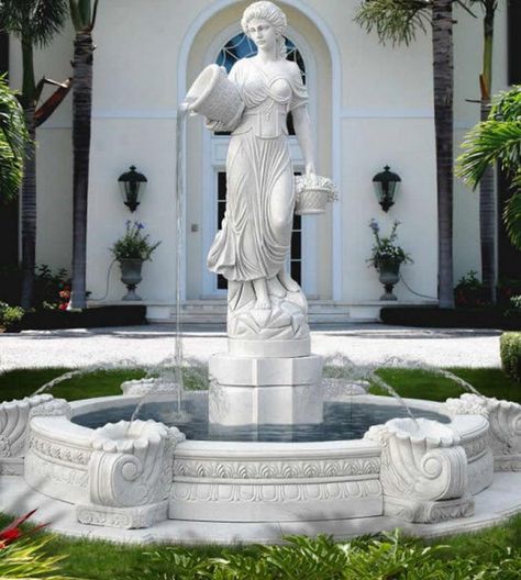 Greek Garden Statues, Fountain Statue, Outdoor Wall Fountains, Castle House Design, Marble Fountain, Kolam Air, Water Fountain Design, Sculpture Fountain, Statue Fountain