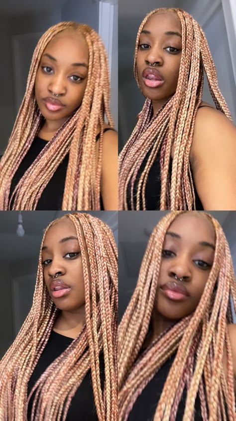 Knotless Hair Color Ideas, Auburn And Blonde Knotless Braids, Blonde Pink Knotless Braids, Pink And Blonde Mixed Braids, Unique Braid Colours For Black Women, Color Braids For Brown Skin, Dyed Hair Braids Hairstyles, Box Braid Colour Ideas, Multi Coloured Braids