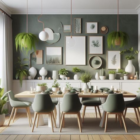 Grey And Green Dining Room, Green Dinning Room, Plants In Dining Room, American Kitchen Living Room, Sage Dining Room, Botanical Dining Room, Kitchen Renovation Inspiration, Neutral Dining Room, Boho Dining Room