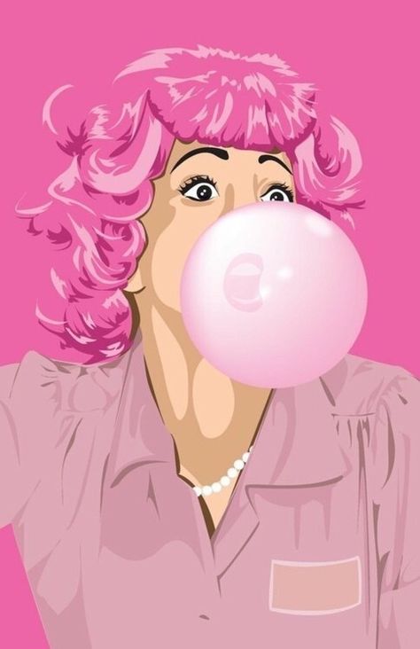 Frenchy from Grease blowing a bubble with pink bubble gum art Beauty School Dropout, Richard Hamilton, Grease Movie, Art Beat, Jasper Johns, I Believe In Pink, School Dropout, Blowing Bubbles, Pink Lady