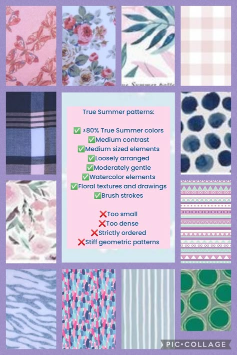 Prints For Soft Summer, Cool Summer Color Analysis Outfits, Cool Summer Patterns, True Summer Patterns, Soft Summer Patterns, Cool Summer Color Combinations, Sweetpea Summer, Summer Seasonal Color Analysis, True Summer Outfits