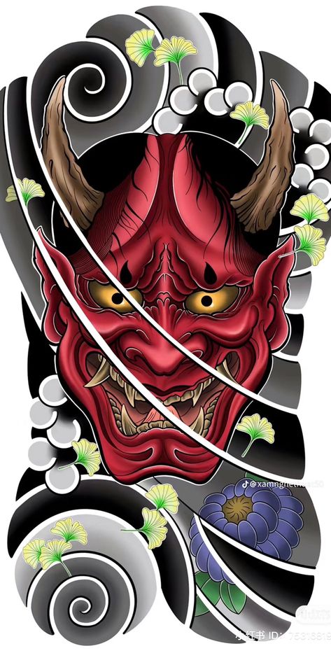 Oni Mask Full Back Tattoo, Hanya Mask Back Tattoo, ဗြဲခေါင်း Tattoo, Hanya Mask Drawing, Hannya Maske Tattoo, Tato Irezumi, Hannya Maske, Japanese Oni Mask, Tattoo Espalda