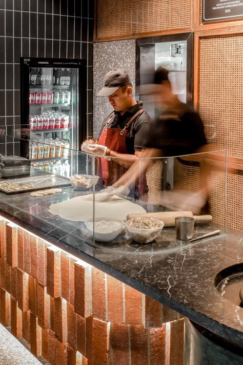 Chilli Everest’s striking brick tile combination creates a tactile, layered design and warm welcome Pizza Counter Design, Brick Counter, Brick Island, Restaurant Counter Design, Brick Bar, Red Brick Tiles, Brick Tile Wall, Brick Cafe, Restaurant Counter