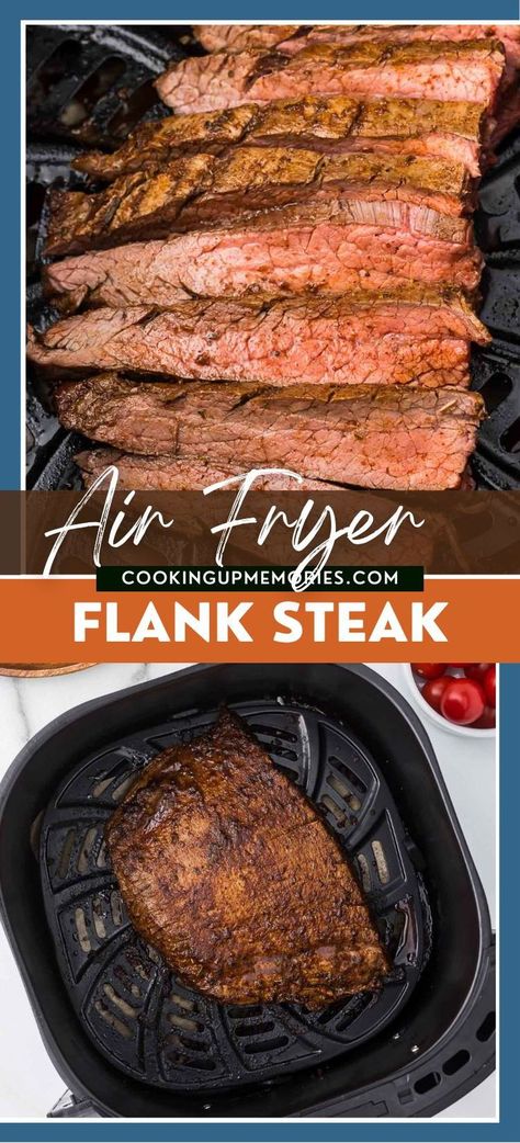 The Air Fryer makes dinner easy with this moist Flank Steak! The beauty of the Air Fryer is it cooks evenly and in just 15 minutes you'll have a perfectly cooked steak! Oven Roasted Flank Steak, Flank Stake Ideas, Air Fry Flank Steak, Broiled Flank Steak In Oven, Air Fryer Flat Iron Steak Recipes, Flank Steak Meal Prep, Flank Steak Oven Recipes, Flank Steak Dinner Ideas Easy Recipes, Keto Flank Steak Recipes