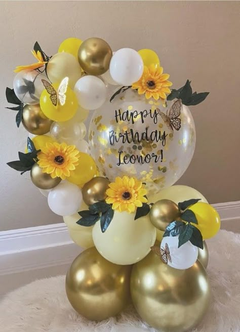 Sunflower Balloons Decoration, Yellow Balloon Bouquet, Sunflower Balloon Decor, Sunflower Balloon Bouquet, Yellow Balloons Decoration, Sunflower Balloon Arch, Sunflower Balloon Garland, Sunflower Baby Shower Ideas, Sunflower Balloons