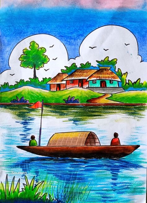 Natural Scenary Drawings, Village Drawing Watercolor, Village Drawing Landscapes Watercolor, সিনারি Drawing, Drownings Easy Nature, Kids Scenery Drawing, Abel Drawing, Scenary Drawings For Kids, Landscape Drawings Easy For Kids