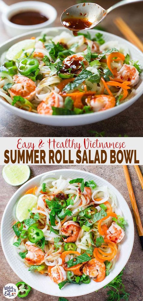 This Vietnamese Healthy Summer Roll Salad Bowl is a perfect alternative to wrapping shrimp summer rolls in rice paper wraps. | #watchwhatueat #Vietnamese #summerroll #shrimproll #healthyrecipe Summer Roll Salad, Shrimp Summer Rolls, Vietnamese Summer Rolls, Rice Paper Wraps, Summer Roll, Healthy Food Alternatives, Healthy Bowls, Summer Rolls, Healthy Summer