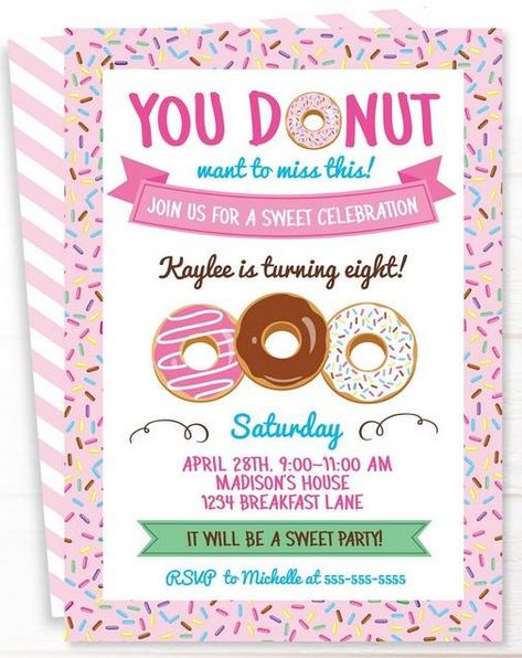 FREE Printable Donuts Invitation Templates | FREE Invitation Templates - Drevio Donut Invitation Template, Birthday Invitations Online, Donut Birthday Party Invitations, Free Party Invitations, Donut Invitation, Doughnut Party, Birthday Party Invitations Free, Donut Themed Birthday Party, Donut Birthday Parties