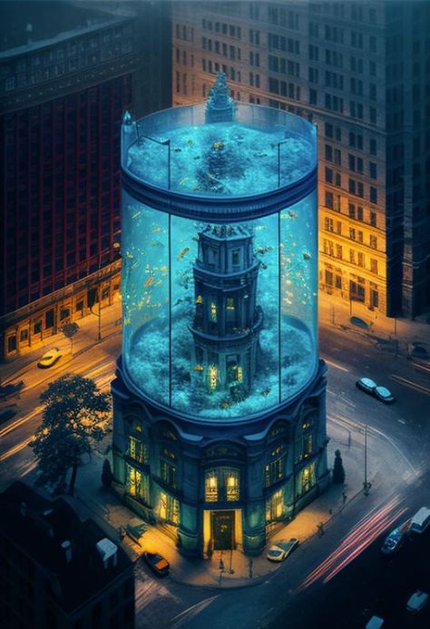 Fishtank in the middle of New York City, ai, art, digitalart, midjourney, NYC, galaxy, mood, sky, starry light Tank Concept Art, Tank Concept, Future Buildings, Spaceship Design, Inner World, Apple Watch Faces, Beautiful Places Nature, Futuristic Technology, Double Exposure