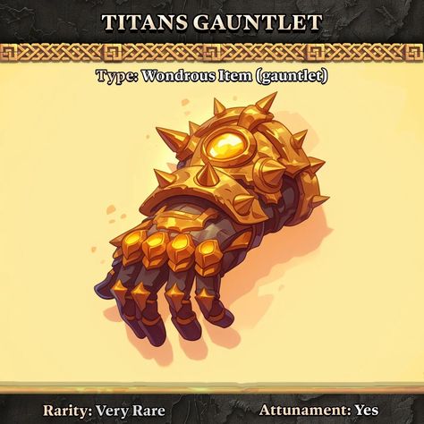 🔸Titan's Gauntlet🔸 Fantasy Gauntlets, Homebrew Items, Dnd Homebrew, Dnd Classes, D D Items, Online Campaign, Fantasy Concept, Magic Items, The Titans