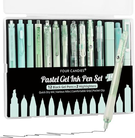 Amazon.com: Four Candies Gel Ink Pen Set,14PCS Pen Set with Case, Cute Note Taking 0.5mm Fine Point Retractable 12PCS Black Ink Pens with 2 Highlighter for School, Note Taking,Writing, Office Supplies Green : Office Products Highlighter For School, Writing Office, Cute Note, Improve Writing, Writing Offices, Fine Point Pens, Gel Pens Set, Lydia Martin, Gel Ink Pens