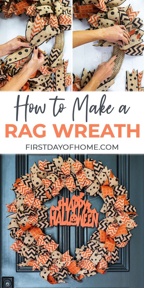 Toole Wreaths Diy, Ribbon Wreath Making, Burlap Halloween Wreath, Mesh Fall Wreaths For Front Door, Making Wreaths With Ribbon, Ribbon Wreath Fall, Rag Pumpkin Wreath, Diy Wreath Burlap, Halloween Ribbon Wreath Tutorial