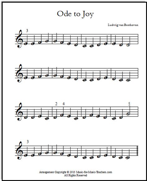 Ode to Joy, now with an arrangement offering a challenging set of left hand chords for students in their second year! Right Hand Piano Sheet Music Easy, Piano Notes With Letters Keys, Piano Sheet Music With Notes Labeled, Beginner Trumpet Sheet Music, Easy Notes For Piano, Easy Beginner Piano Sheet Music, Ode To Joy Piano Letters, Inside Out Piano Notes, Recorder Sheet Music For Beginners