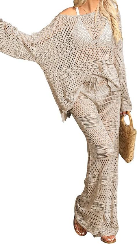 Sexy Hollow Out Cover Up Sets Long Sleeve Tops and Drawstring Long Pants Matching Set Crochet Outfits, Crochet Cover Up, Interview Outfit, Solid Color Shirt, Women Long Sleeve Tops, Swimwear Cover Ups, Casual Dinner Outfit, Airport Outfit, Festival Outfit