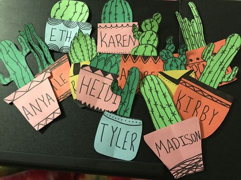 Dorm Door Name Tags Cute Ideas, Plant Door Decs, Nametags Ideas, Nametag Ideas, College Name Tags Door Decs, Cactus Name Tags, Dorm Name Tags, Door Decks Ra, Door Name Tags