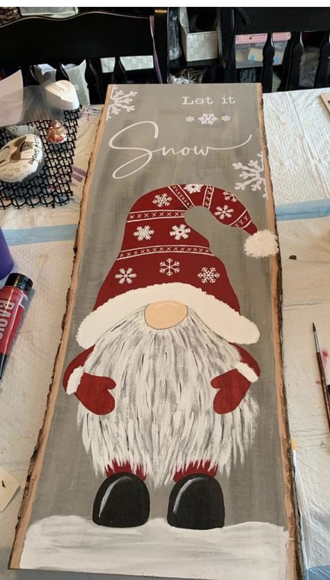 Christmas Paintings Knomes, Christmas Gnome Porch Leaner, Christmas Gnomes Painted On Wood, Christmas Pallet Signs, Diy Christmas Door, Christmas Wooden Signs, Handmade Christmas Crafts, Christmas Signs Wood, Christmas Projects Diy